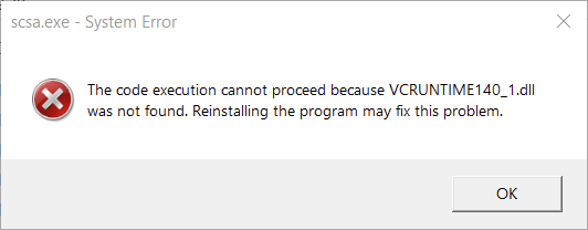 The code execution cannot proceed because VCRUNTIME140_1.dll was not found. Reinstalling the program may fix this problem.
