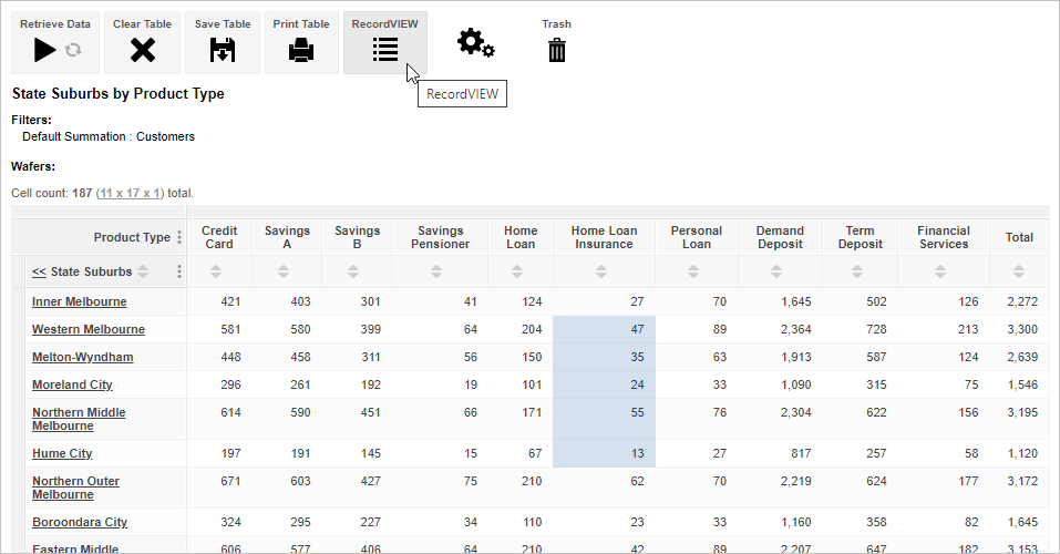 A table with a range of cells selected and the mouse pointer hovering over the RecordVIEW button