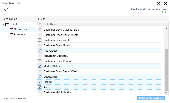 The Unit Records dialog with several fields selected