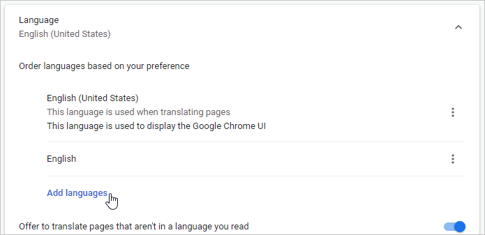 The Chrome browser Languages settings with the Add languages option