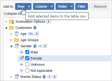 Click the Row button to add the selected items to the table