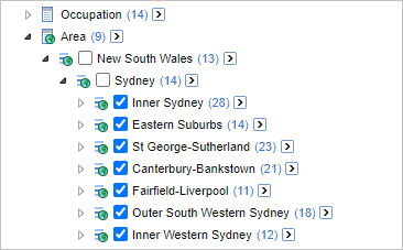 The field list with Area expanded and all items below Sydney in the hierarchy selected