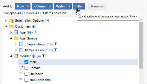 Ticking Male with the field tree and then clicking on Filter adds the selected item to the table filter