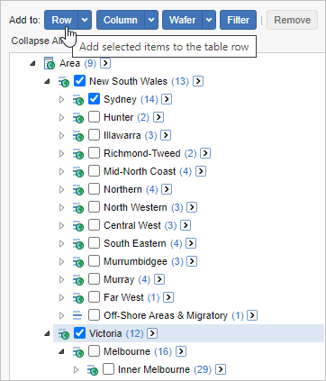 The field list with three items selected, and a mouse pointer hovering over the Add to Row button