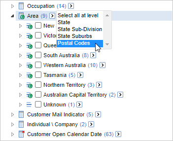 Selecting the Postal Codes option from the Select all at level drop-down menu on the Area field