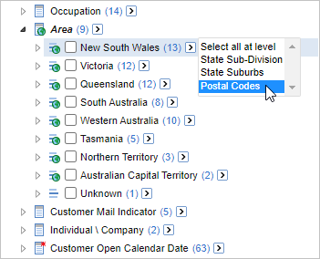 Selecting the Postal Codes option from the Select all at level drop-down menu on the New South Wales field