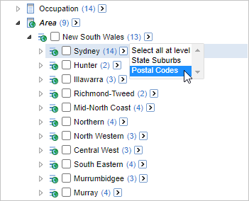 Selecting the Postal Codes option from the Select all at level drop-down menu on the Sydney field