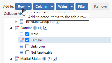 The field list with the Gender - Male and Gender - Female selected and the mouse pointer hovering over the Add to Row button