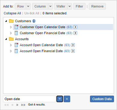 The field list for the Retail Banking dataset filtered to show only the 4 items that contain the string Open Date in the item name