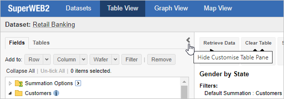 A mouse pointer hovering over the Hide Customise Table Panel button