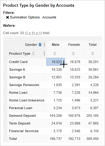 A table of Gender by Product Type, counting Accounts