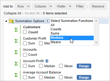 The list of available summation options with the Select Summation Functions drop-down menu open