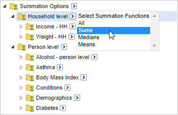 The list of available summation options grouped into folders with the Select Summation Functions drop-down menu open for one of the summation options