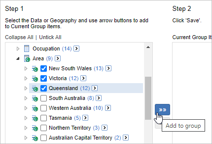 The field list on the Custom Data screen with three states selected in the Area field and the mouse pointer hovering over the button to add them to the custom group