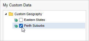 The My Custom Data panel with a group called Eastern States and a group called Perth Suburbs that is selected