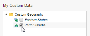 The My Custom Data panel with a group called Eastern States and a group called Perth Suburbs that is selected
