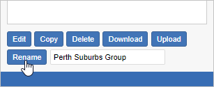 The My Custom Data buttons with a new name (Perth Suburbs Group) in the text box and the mouse pointer hovering over the Rename button