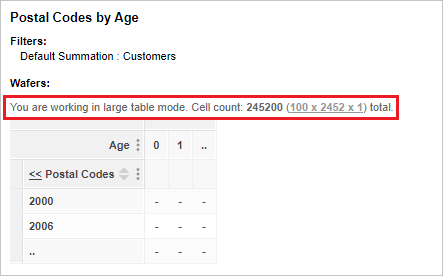 A table with the message You are working in large table mode.