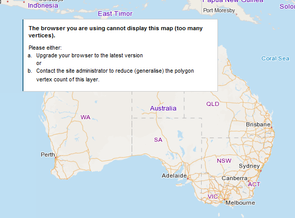 A map with the error message the browser you are using cannot display this map (too many vertices)