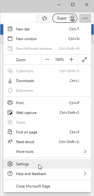 The Edge browser's Settings and more menu with the mouse clicking on Settings