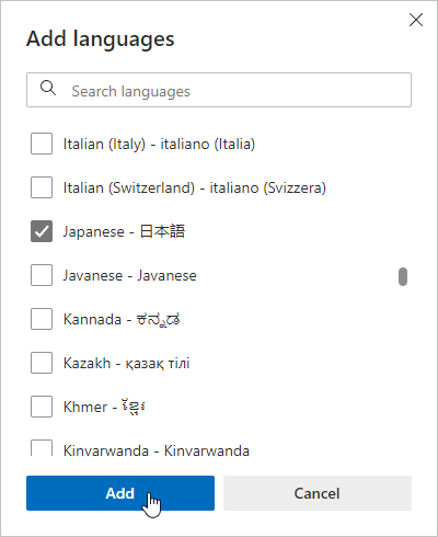 The Add languages dialog with Japanese selected and the mouse pointer clicking on Add