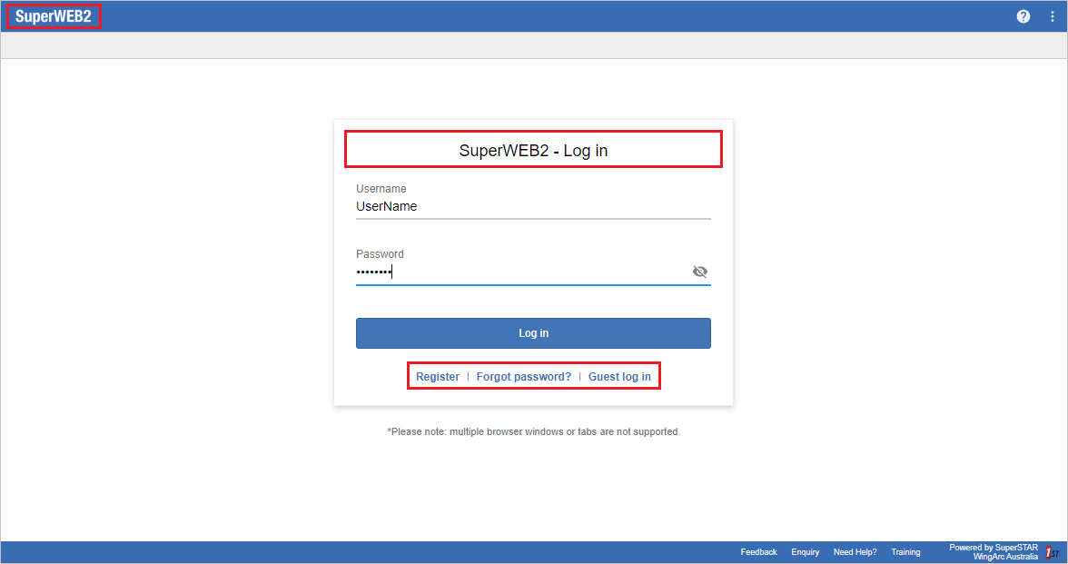 The SuperWEB2 log in screen with some customisable areas indicated by red boxes