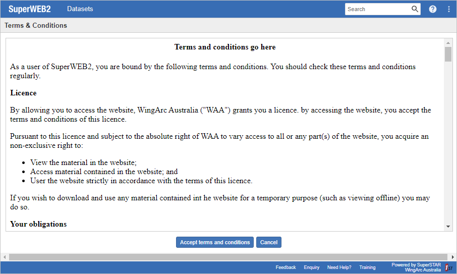SuperWEB2 terms and conditions screen containing sample text