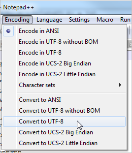 Selecting the Convert to UTF-8 option from the Encoding tab
