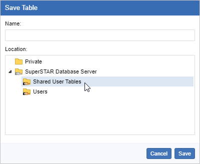 Selecting the Shared User Tables option within the Save Tables dialog