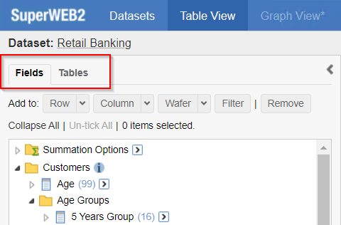 A SuperWEB2 dataset that does not have read-only tables configured displaying fields