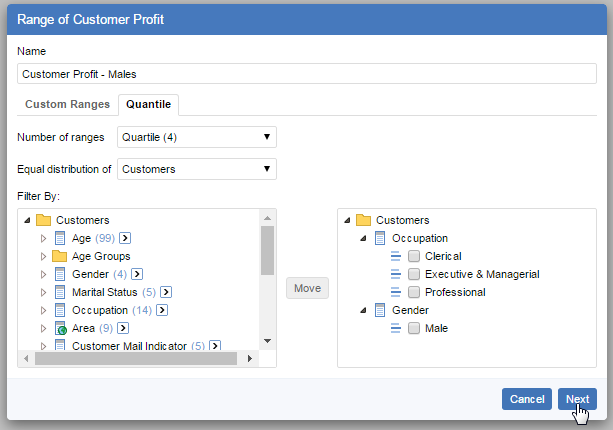 The Quantile tab with Quartile and an equal distribution of Customers selected, and field items from Occupation and Gender added to the filters