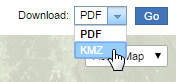 The Download drop-down list with PDF and KMZ options