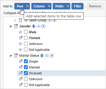 The field list with the Marital Status - Single, Married and Divorced items selected and the mouse pointer hovering over the Add to Row button