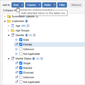 The field list with Male, Female, Single, Married and Divorced selected and the mouse pointer hovering over the Add to Row button