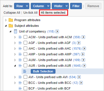 The field list with the 46 items selected for the Units of Competency prefixed AUR field (out of 1,645)
