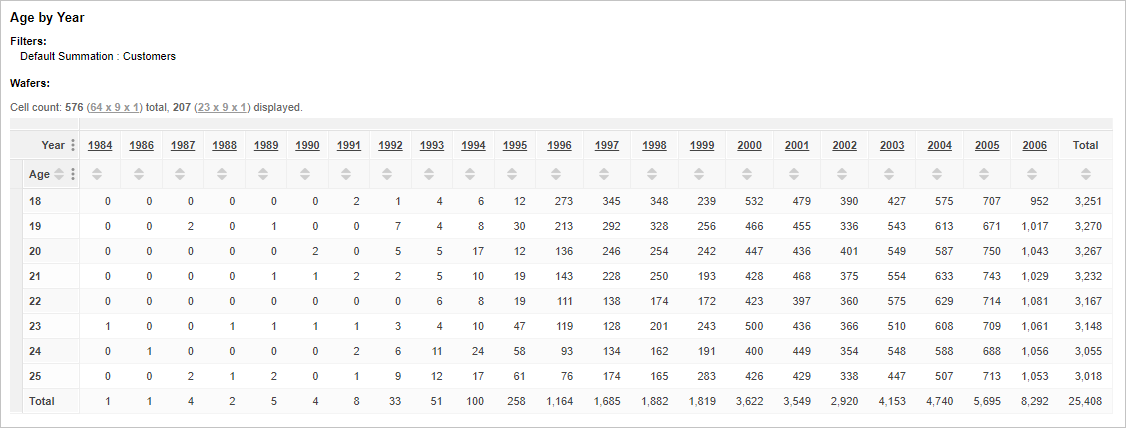 A table showing Age by Year with Zero Suppression applied, with a Cell Count 576 (64 x 9 x 1) total and 207 (23 x 9 x 1) displayed