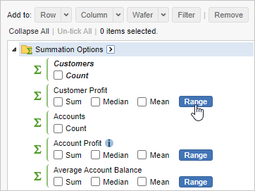 The field list showing available summation options and the mouse pointer hovering over the Range button