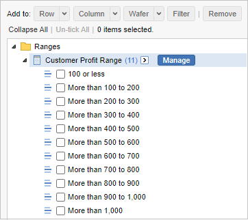 A defined range in the field list that includes the buckets less than 100, 100 to less than 200, 200 to less than 300, and so on up to 900 to less than 1,000, and 1,000 or more