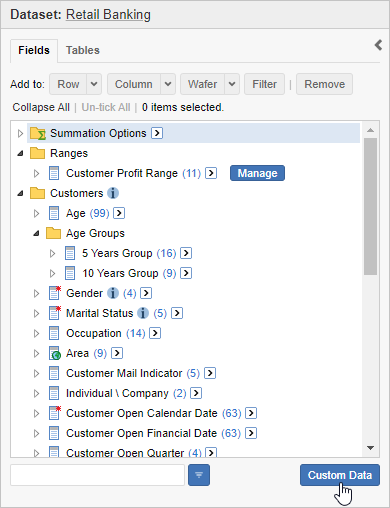 The field list with the mouse pointer hovering over the Custom Data button