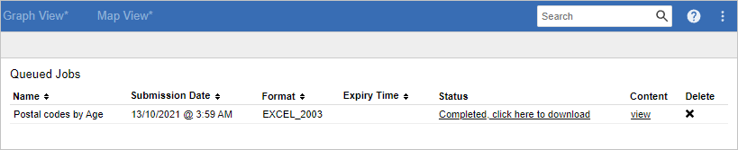 A list of Queued Jobs with the option to download completed tables
