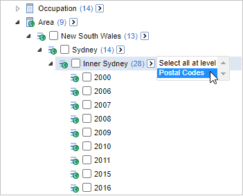 Selecting the Postal Codes option from the Select all at level drop-down menu on the Inner Sydney field