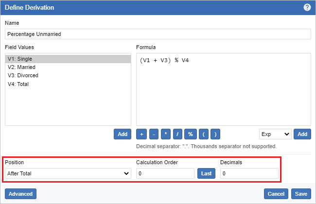 The Define Derivation dialog with the Advanced Options highlighted