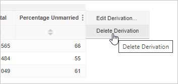 A table with the in-table menu open and the mouse pointer hovering over the Delete Derivation option