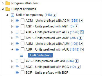 The field list with the Bulk Selection button for the feild item, Units of competency prefixed with AUR, which has 1,645 child items