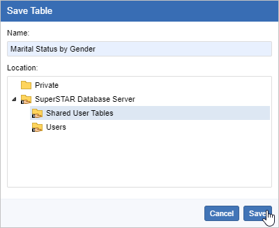 The Save Table dialog, with the name Marital Status by Gender entered in the Name field and the mouse pointer hovering over the Save button