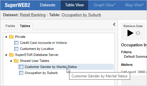 The Tables tab in Table View and the mouse pointer hovering over a saved table