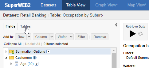 The mouse pointer hovering over the Tables tab above the field list