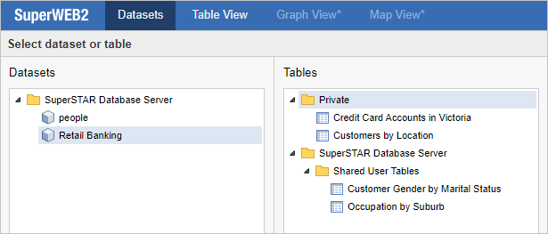 The data catalogue screen with a dataset selected and the list of saved tables for that dataset shown in the Tables pane