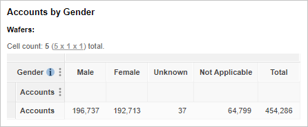 A table of Gender, counting Accounts (196.737 accounts are held by Males)