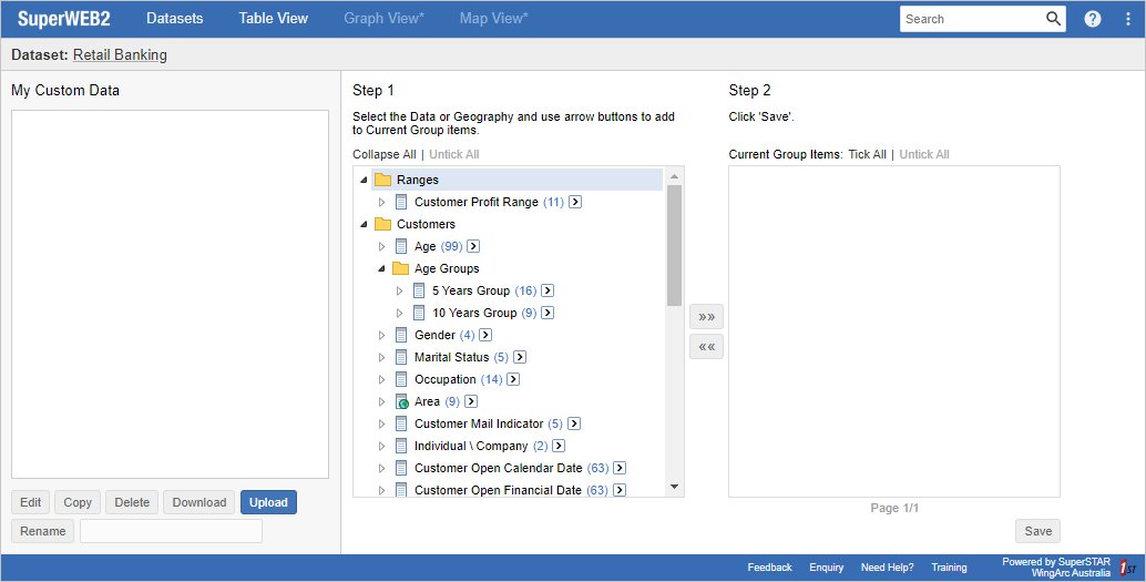 The My Custom Data screen showing a list of available fields for creating recodes (custom groups)